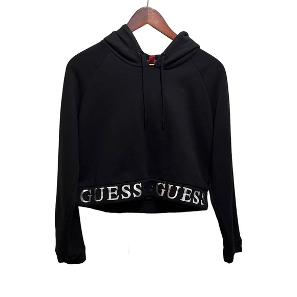 Y2K Guess Black Cropped Hooded Sweater Guess Spellout Size Medium - Picture 2 of 5